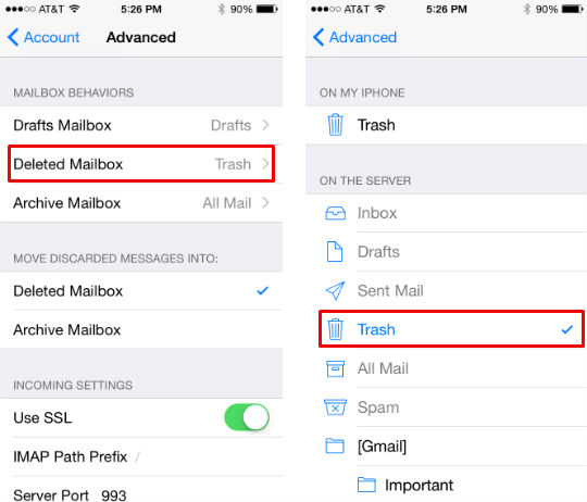 Como se configura la papelera de iOS 8 Mail