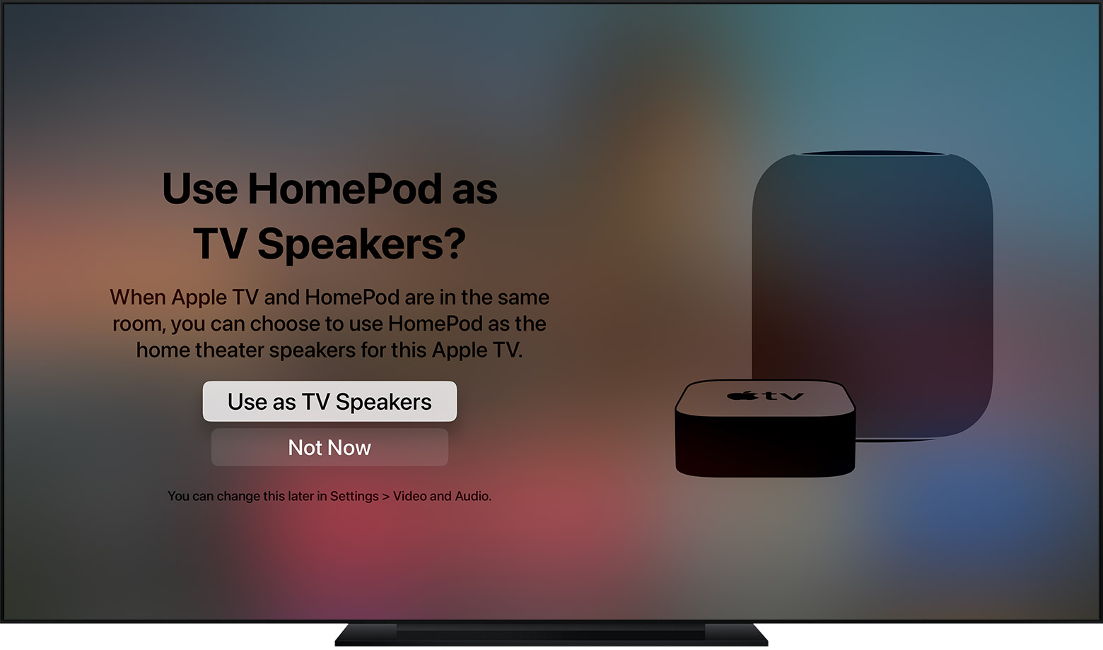 Sonido envolvente de Apple TV: solicitud de Apple TV que pide que utilice HomePod como altavoz de TV