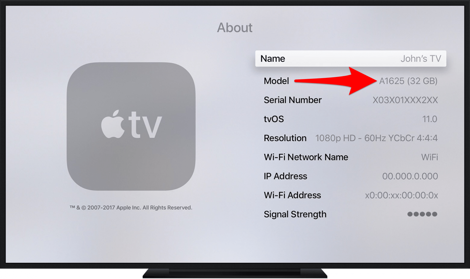 La configuración de Apple TV le mostrará el número de modelo