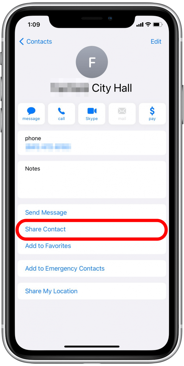 cómo enviar información de contacto en el iPhone - Toque en Compartir contacto