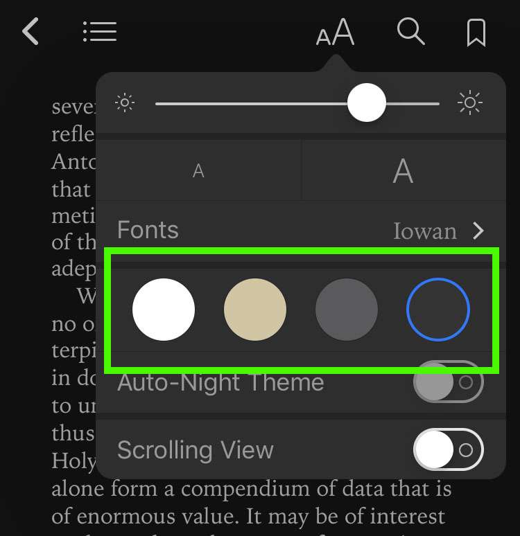 Opciones de color de Libros iOS en modo oscuro