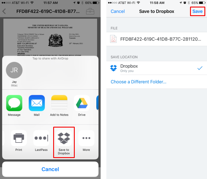 Cómo transferir un archivo desde el iCloud Drive directamente a Dropbox en el iPhone y el iPad.