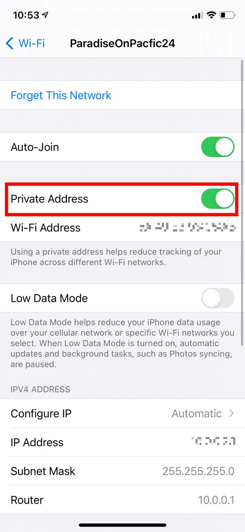 Como se utiliza una dirección MAC privada para redes Wi-Fi en el iPhone y el iPad.