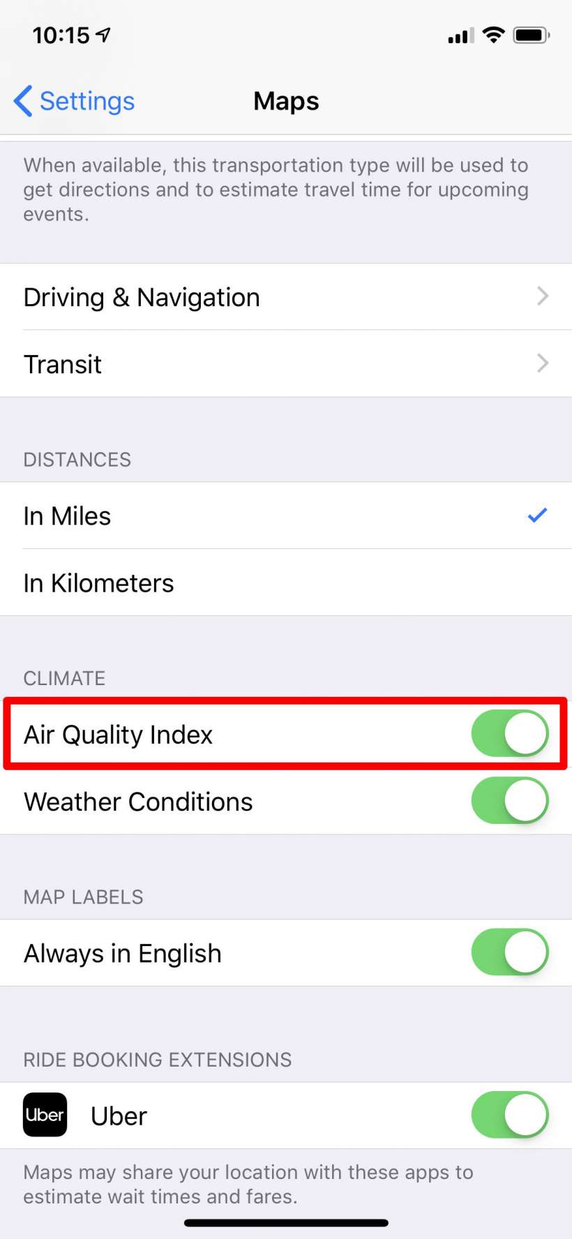 Como se visualiza el índice de calidad del aire (AQI) a Apple Maps en el iPhone y el iPad.