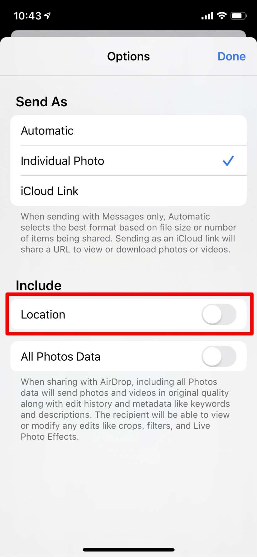 Cómo compartir fotos sin datos de ubicación en el iPhone y el iPad.