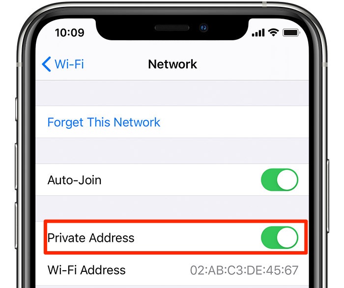 direcciones Wi-Fi privadas: una captura de pantalla del iPhone que muestra la configuración activada
