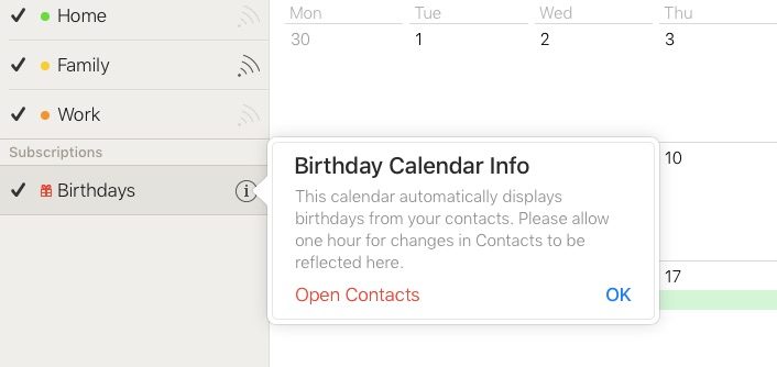 Información de iCloud de cumpleaños de Apple Calendar