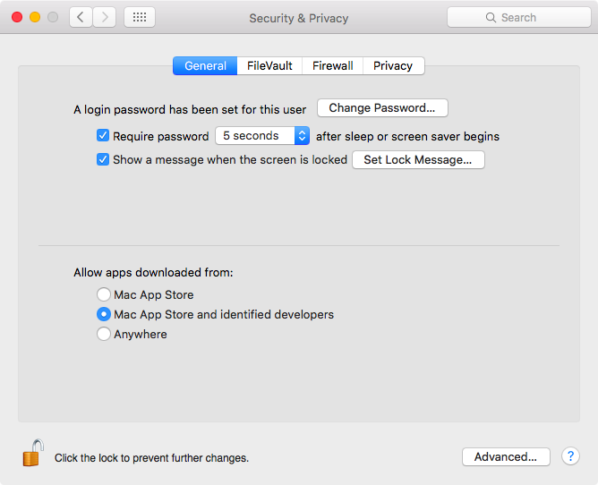 OS X El Capitan Preferencias del sistema Seguridad y privacidad Permitir las aplicaciones descargadas del Mac App Store y los desarrolladores identificados promprt Captura de pantalla 001 de Mac