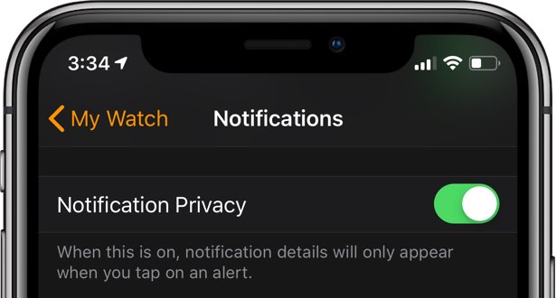 El ajuste de la privacidad de las notificaciones a Apple Watch sólo puede hacerse mediante la aplicación Watch de su iPhone emparejado