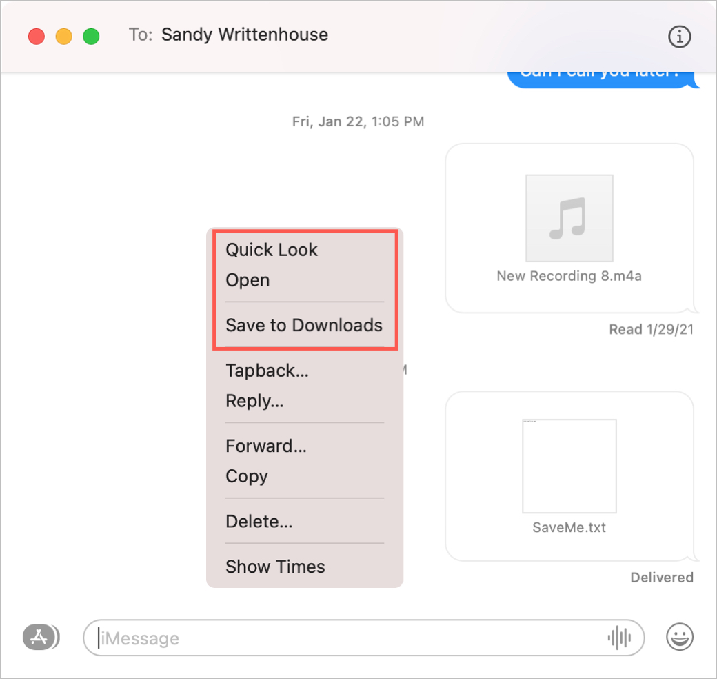 Guarda el archivo de mensajes de Mac
