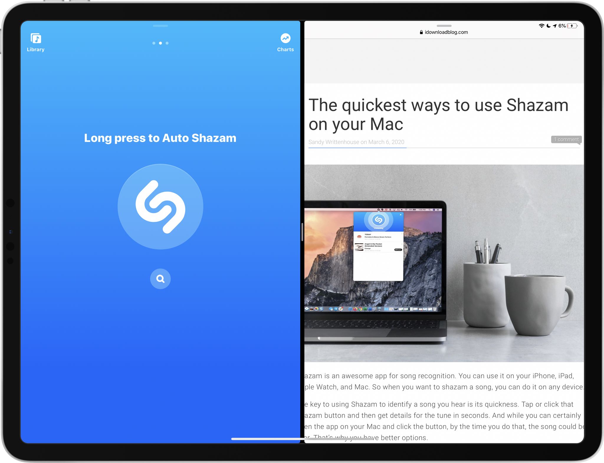 Reconocimiento musical Shazam: captura de pantalla del iPad