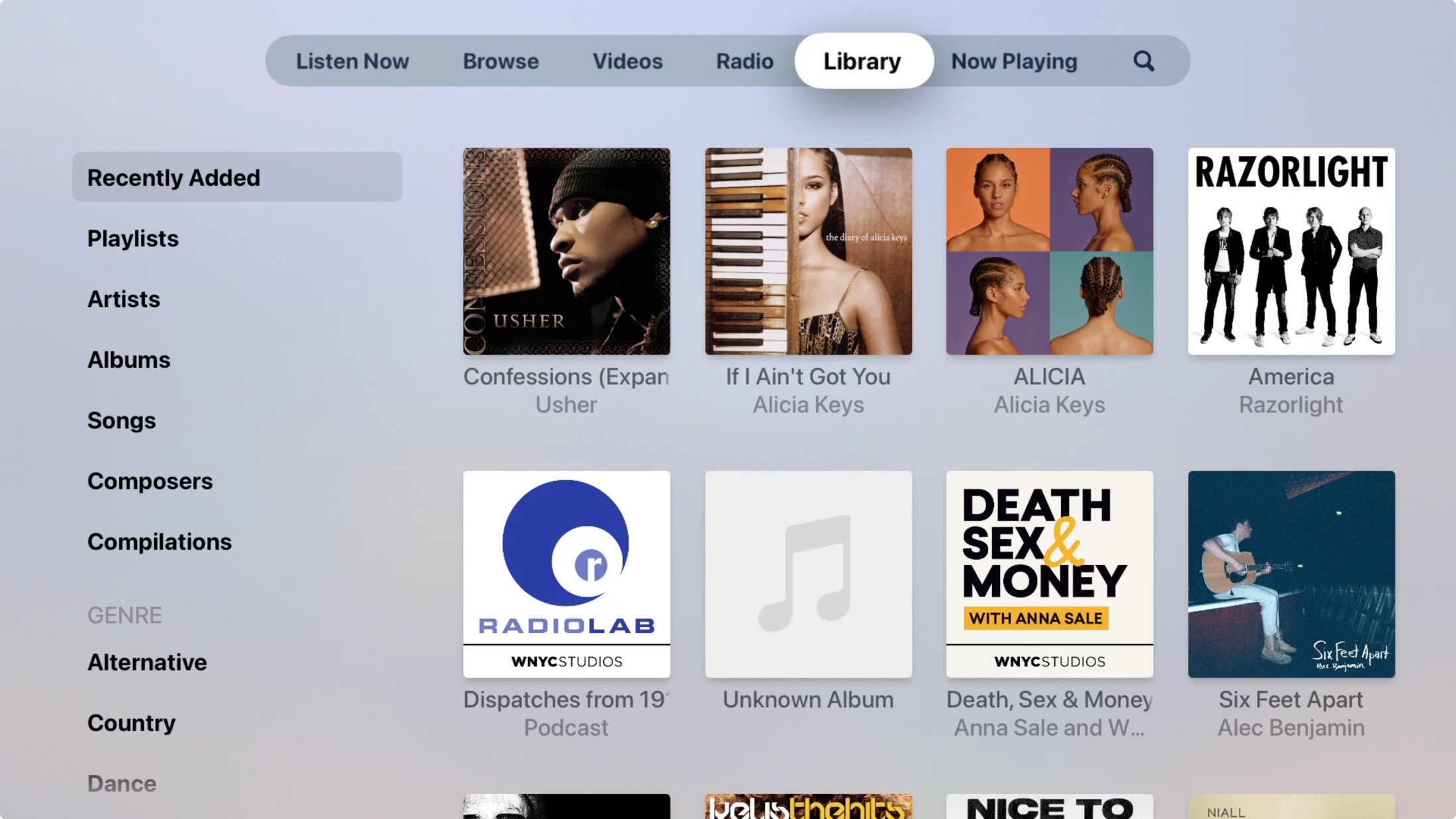 Biblioteca en música en el Apple TV