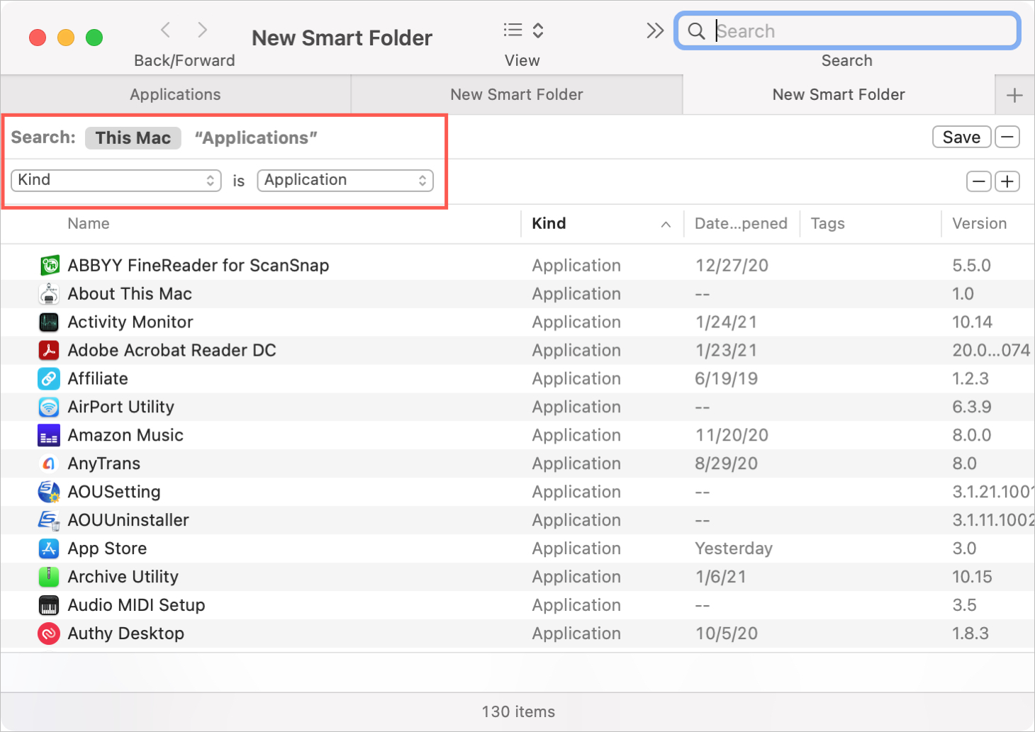 Lista de aplicaciones de la carpeta inteligente al Mac