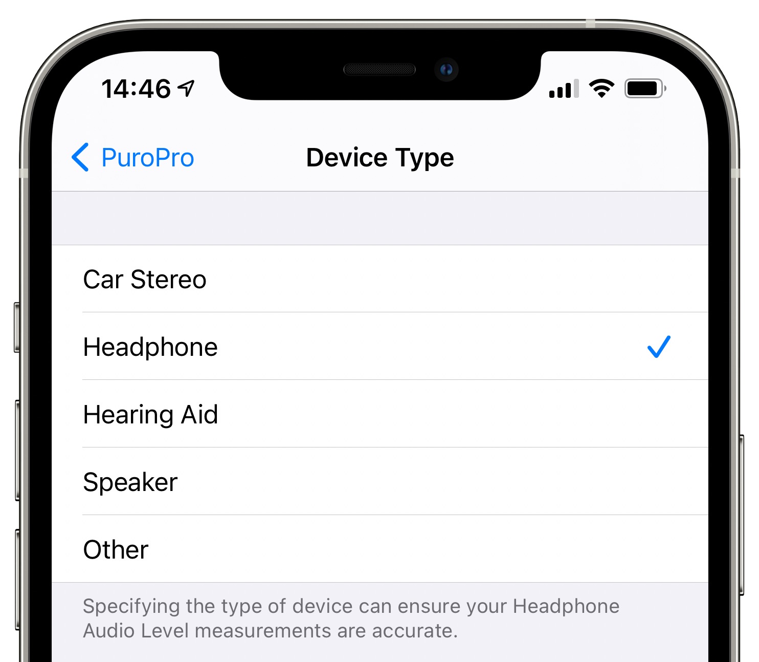 Una captura de pantalla del iPhone que muestra la clasificación de un dispositivo Bluetooth como auriculares en Configuración