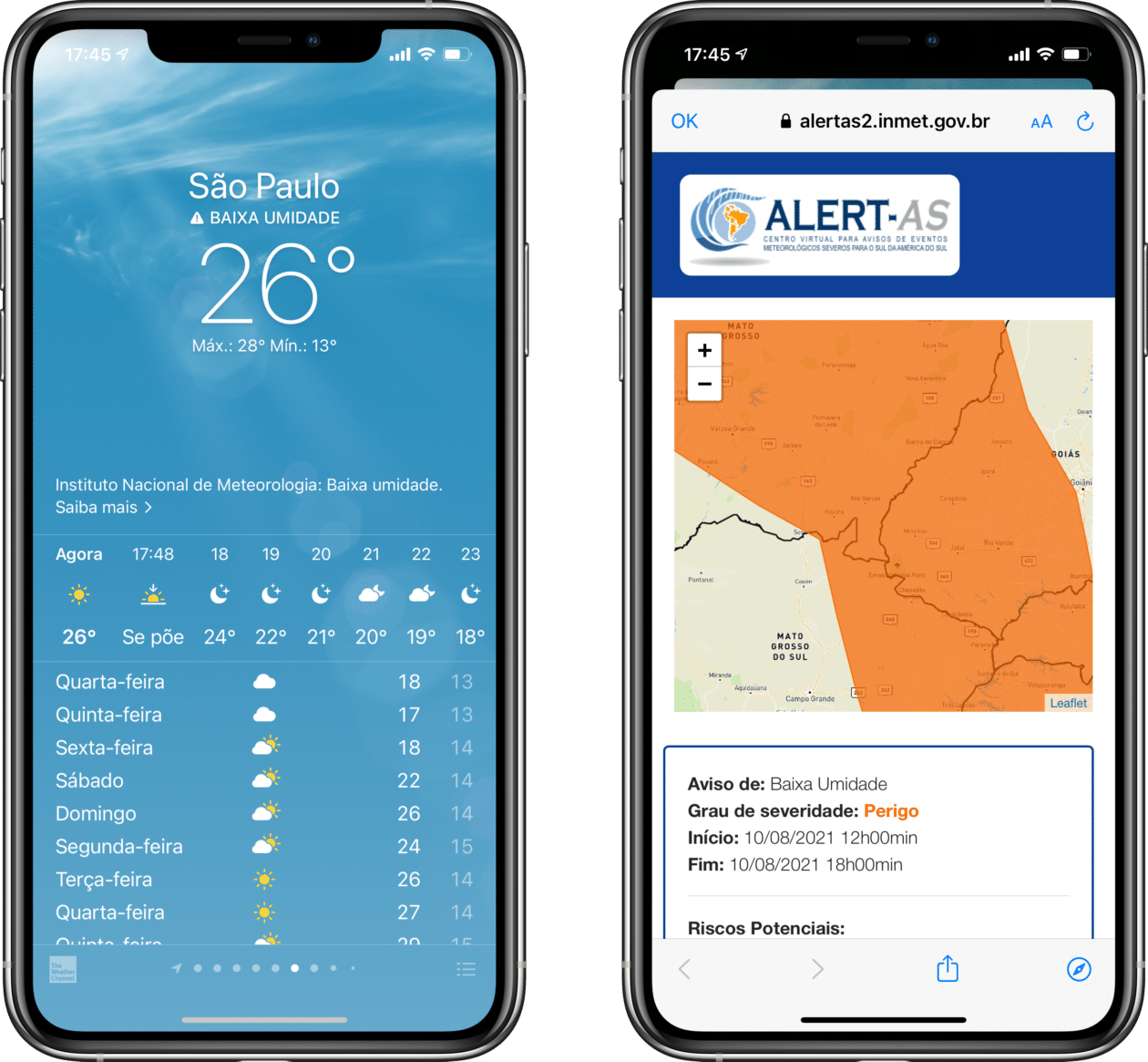 Advertencia meteorológica INMET en la aplicación de iOS Weather