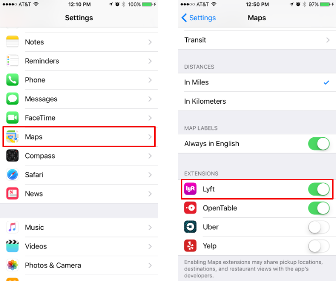 Como se utiliza Lyft con extensiones de iOS Maps.