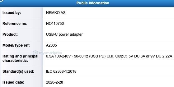 Posible cargador de 20W para "iPhones 12" identificado como A2305