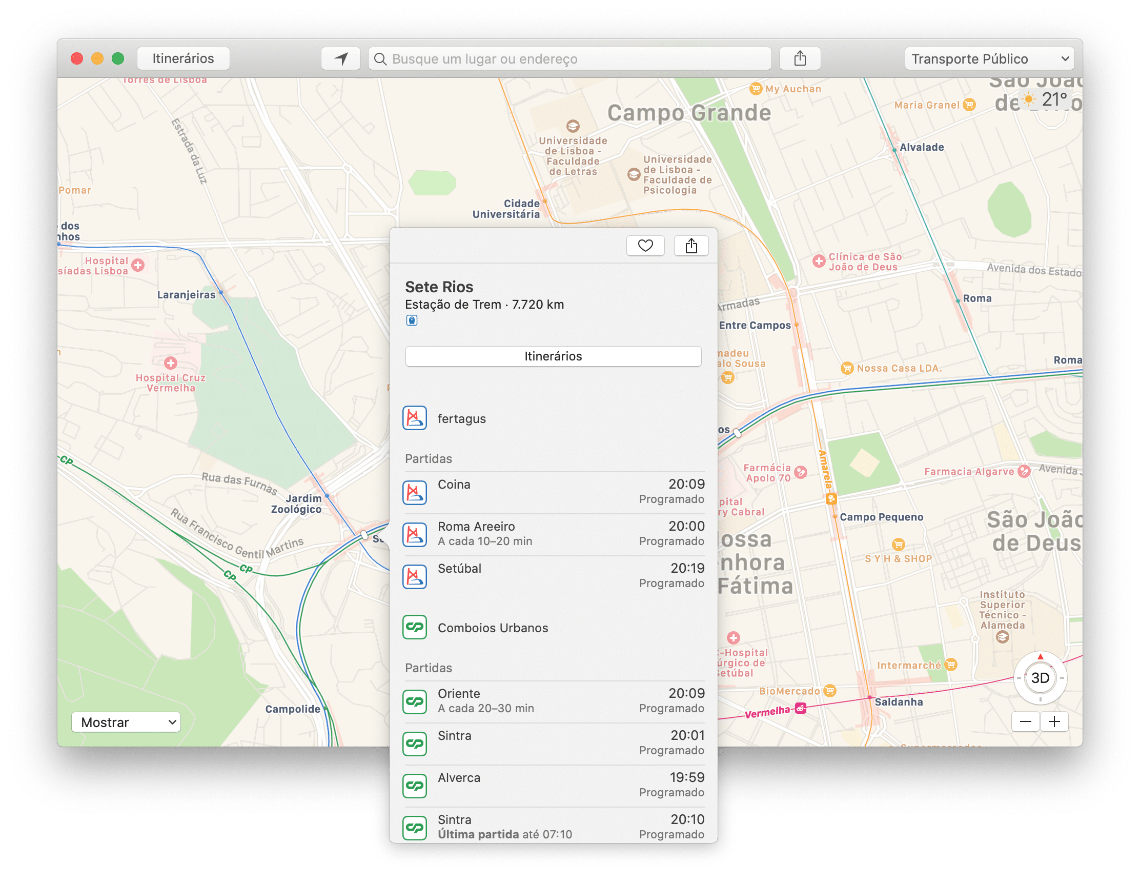 Información de transporte público en Apple Maps en Lisboa