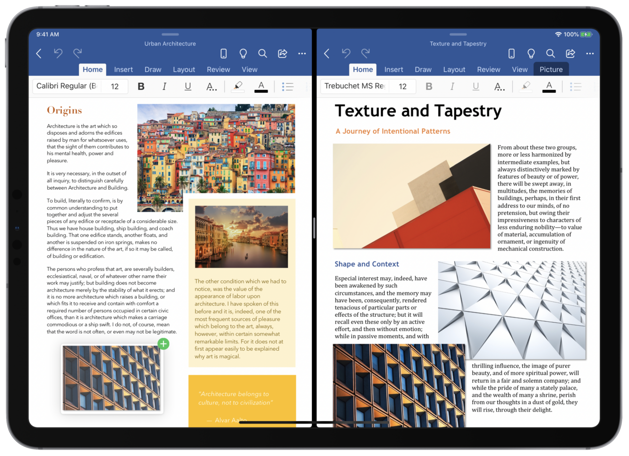 Dos ventanas de la aplicación de Word que se ejecutan en modo de vista dividida en iPad